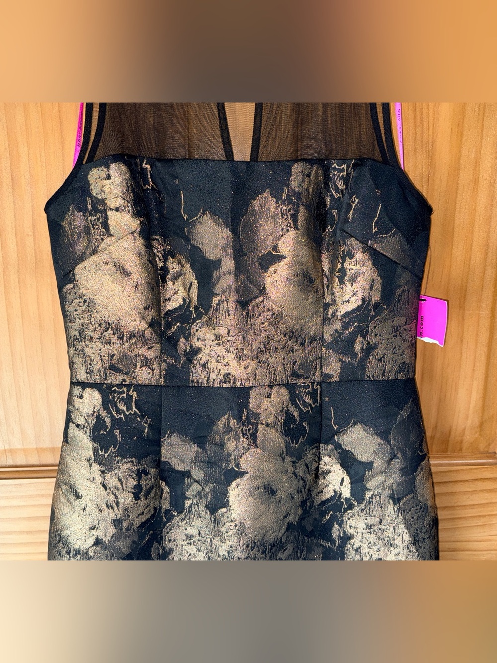 NWT Betsey Johnson Black Midi Dress w/Gold Floral Jacquard & Mesh Yoke-4 - Picture 5 of 14
